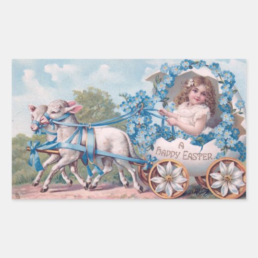 Pasen Illustratie met meisje en lammeren Rechthoekige Sticker (Voorkant)