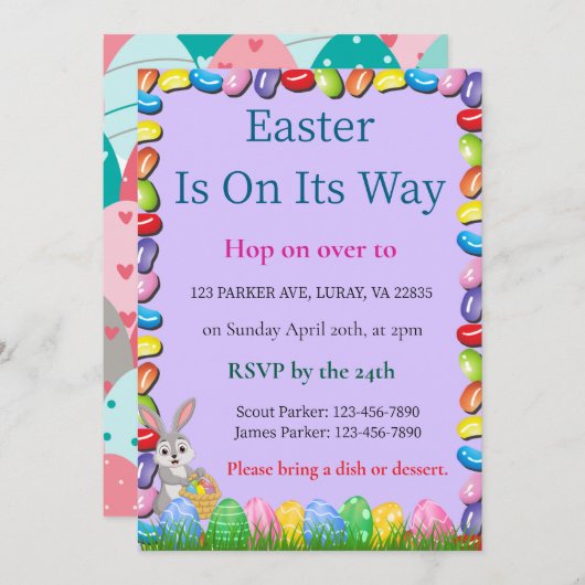 Pasen is onderweg Jelly Bean Pasen uitnodiging (Voorkant / Achterkant)