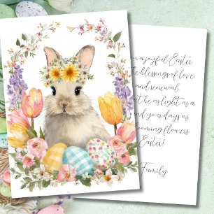 Pasen kaart met bloemen en paashaas