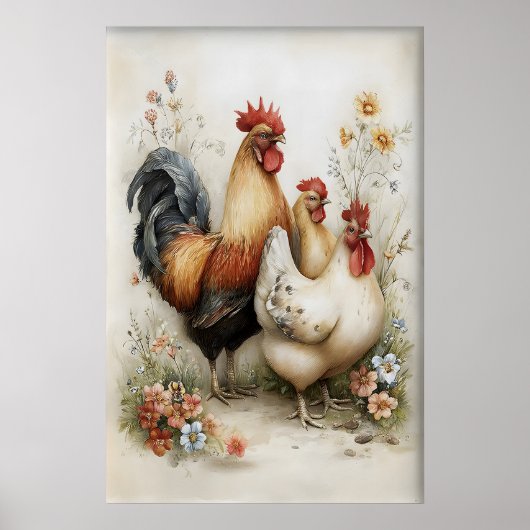 Pasen Kip Haantje Bloemen Printbaar, Vintage Poster (Voorkant)