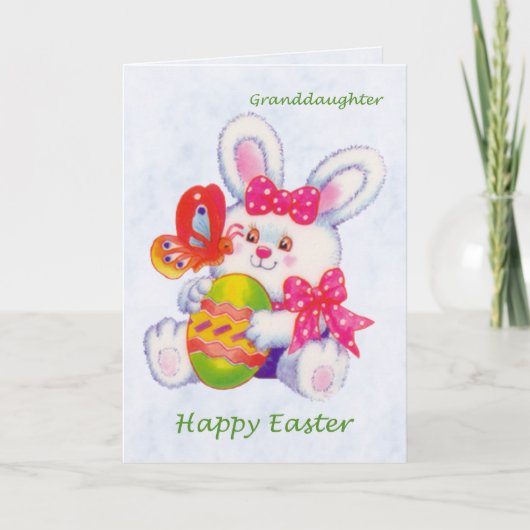 Pasen. Kleindochter. Konijntje, eieren en vlinder Feestdagen Kaart (Voorkant)