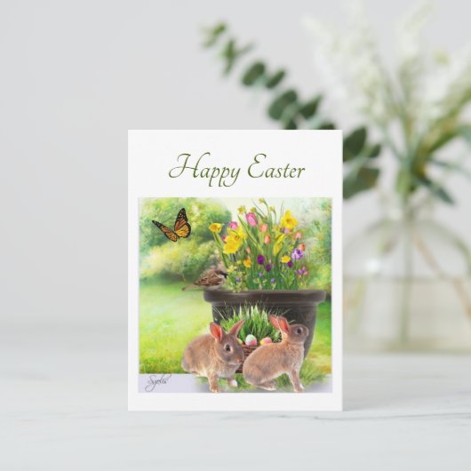 Pasen Konijn en Lente Bloemen Ansichtkaart Briefkaart (Staand voorkant)