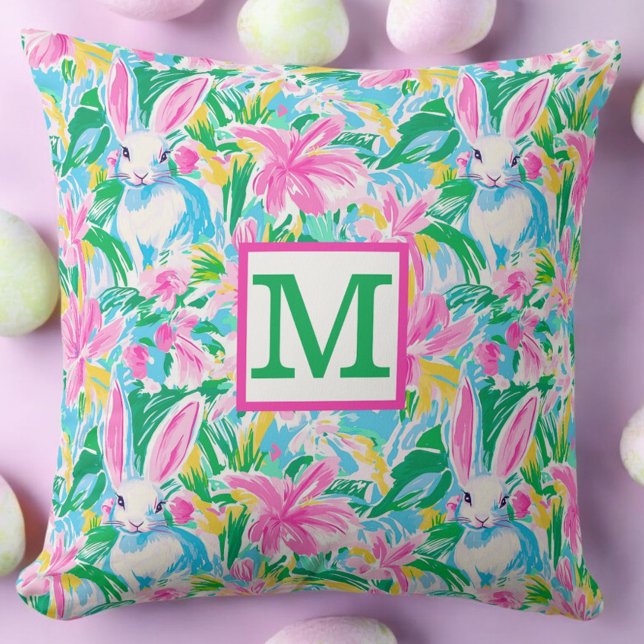 Pasen lente konijntjes bloemen Preppy Monogram Kussen (Creator heeft geüpload)