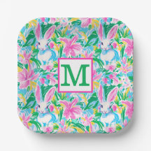Pasen lente konijntjes bloemen Preppy Monogram