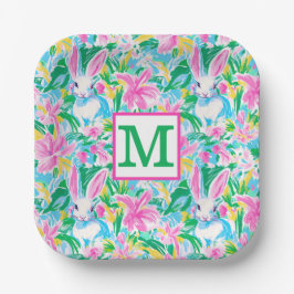 Pasen lente konijntjes bloemen Preppy Monogram Papieren Bordje