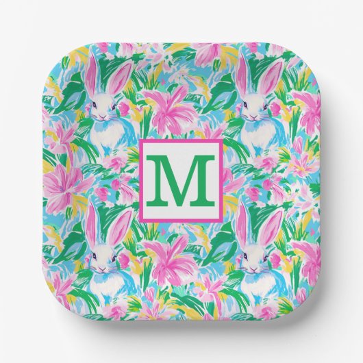 Pasen lente konijntjes bloemen Preppy Monogram Papieren Bordje (Voorkant)