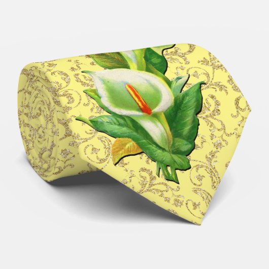 Pasen Lily Gold Damask op gele achtergrond Stropda Stropdas (Opgerold)