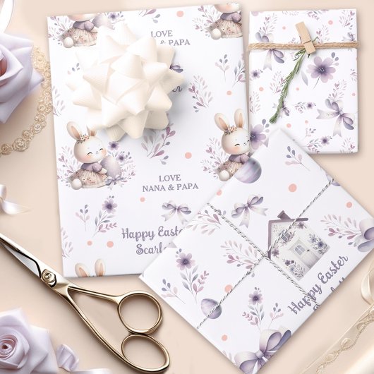 Pasen Meisje Konijn Gepersonaliseerde Naam Paarse Inpakpapier Vel