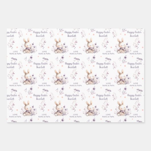 Pasen Meisje Konijn Gepersonaliseerde Naam Paarse Inpakpapier Vel (Voorkant)
