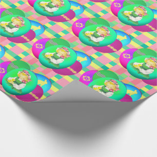 Pasen Meisje Met Paaseieren Op Plaid Cadeaupapier