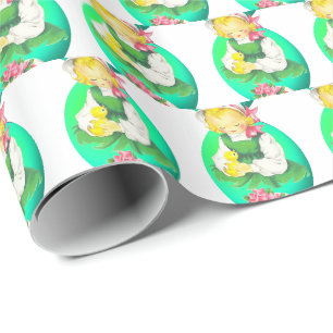 Pasen Meisje Met Pasen Chick Cadeaupapier