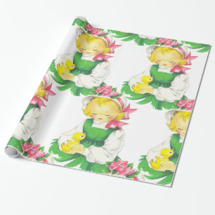 Pasen Meisje Met Pasen Chick Grote Print Cadeaupapier