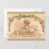 Pasen- Meisje Roze Jurk Kuikens - Antiek Briefkaar Feestdagenkaart (Voorkant / Achterkant)