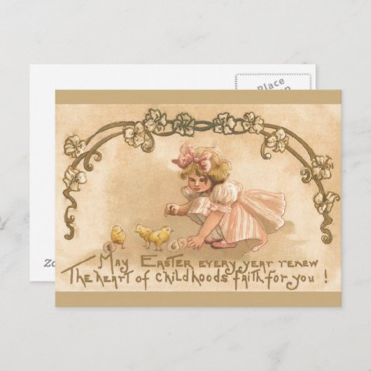 Pasen- Meisje Roze Jurk Kuikens - Antiek Briefkaar Feestdagenkaart (Voorkant / Achterkant)