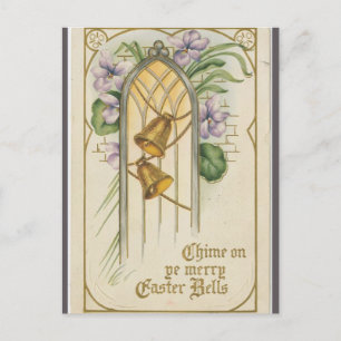Pasen met antieke bellen en paarse bloemen briefkaart