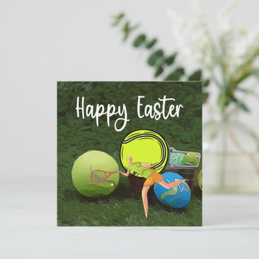 Pasen met bal en eieren op de groene feestdag feestdagenkaart (Staand voorkant)