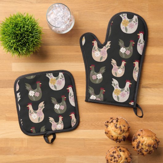 Pasen naadloos patroon met kip. ovenwant & pannenlap set (Top down)