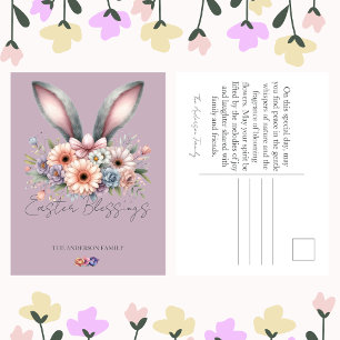 Pasen Paarse Bloemen Konijnenkonijn oren Familiena Feestdagenkaart