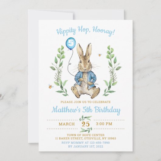 Pasen Peter Rabbit Bunny Boy Birthday Uitnodiging (Voorkant)