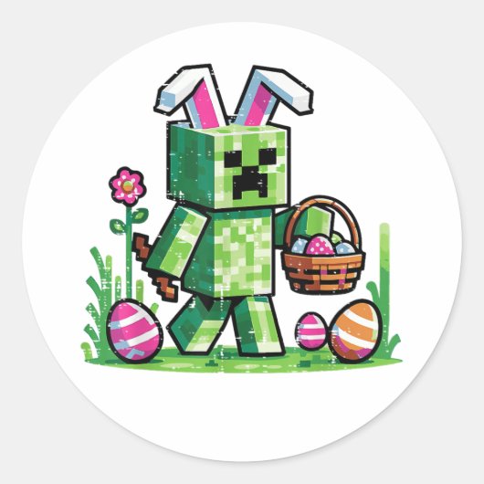 Pasen Pixel Gaming Konijn Eieren Jagen Ronde Sticker (Voorkant)