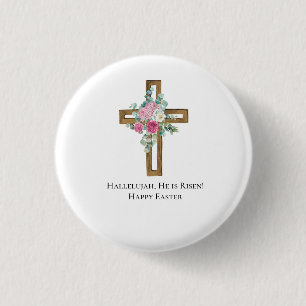 Pasen Religies Hij is Risen Wood Cross Floral Ronde Button 3,2 Cm