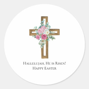 Pasen Religies Hij is Risen Wood Cross Floral Ronde Sticker