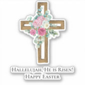 Pasen Religies Hij is Risen Wood Cross Floral Sticker (Voorkant)