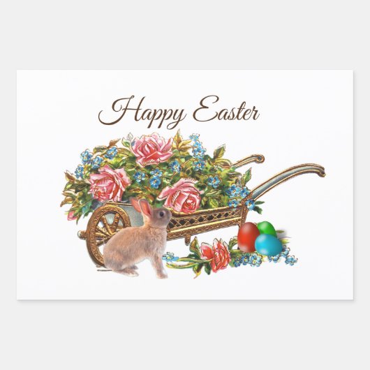 Pasen Rozen Konijn en Wielbarrow Inpakpapier Vel (Voorkant)