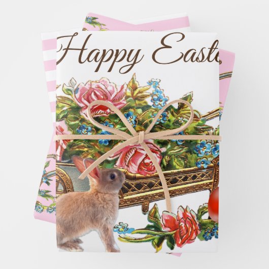  Pasen Rozen Konijn en Wielbarrow Inpakpapier Vel (In situ)