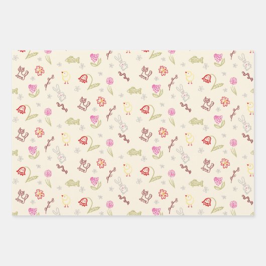 Pasen schattige doodle dieren en bloemen inpakpapier vel (Voorkant 3)