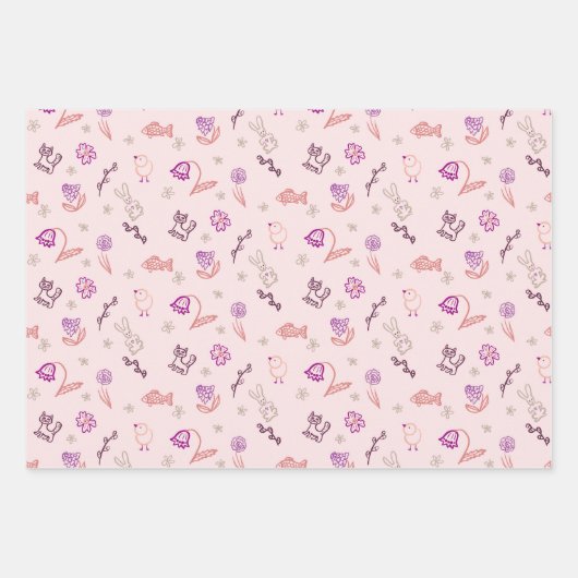 Pasen schattige doodle dieren en bloemen inpakpapier vel (Voorkant)