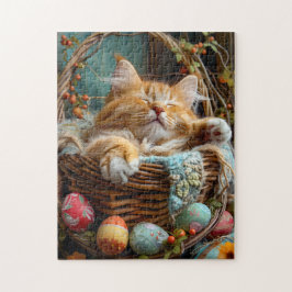 Pasen Seizoen Knuffelkat Slaapt in Rieten Mand Legpuzzel