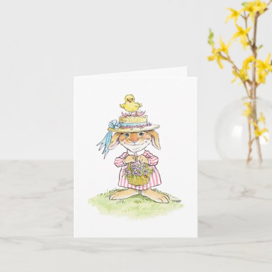 Pasen Straw Pet Konijn en Kuiken Kaart (Gele Bloem)