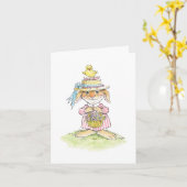 Pasen Strohoed Konijn en Kuiken Kaart (Gele Bloem)