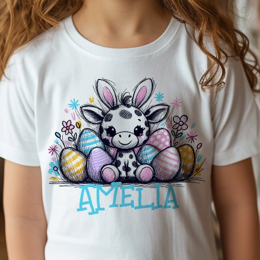 Pasen T-Shirt Aangepaste Naam Meisjes Giraffe Bunn