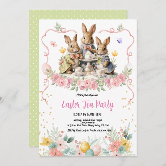 Pasen Tea Party uitnodiging. Schattigee Waterverf Kaart (Voorkant / Achterkant)