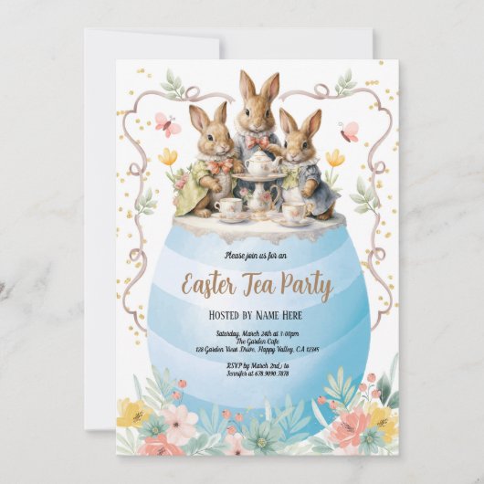 Pasen Tea Party uitnodiging. Waterverf Bunny Blue Kaart (Voorkant)