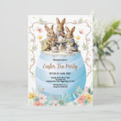 Pasen Tea Party uitnodiging. Waterverf Bunny Blue Kaart (Staand voorkant)