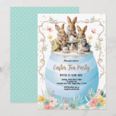 Pasen Tea Party uitnodiging. Waterverf Bunny Blue Kaart (Voorkant / Achterkant)