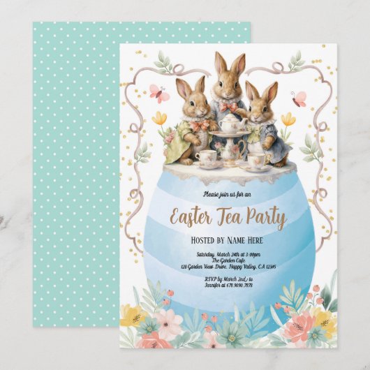 Pasen Tea Party uitnodiging. Waterverf Bunny Blue Kaart (Voorkant / Achterkant)