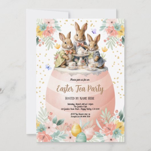 Pasen Tea Party uitnodiging. Waterverf Bunny Pink Kaart (Voorkant)