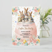 Pasen Tea Party uitnodiging. Waterverf Bunny Pink Kaart (Staand voorkant)