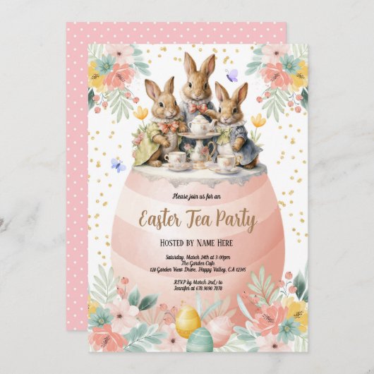 Pasen Tea Party uitnodiging. Waterverf Bunny Pink Kaart (Voorkant / Achterkant)