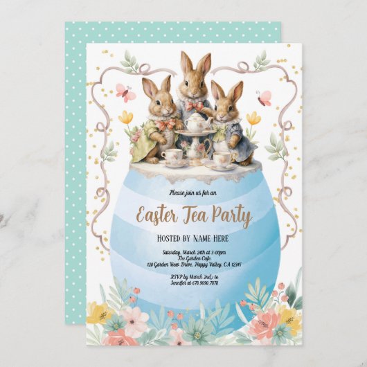 Pasen Thee Party Uitnodiging. Waterverf Konijn Bla Kaart (Voorkant / Achterkant)