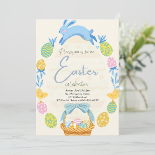 Pasen Uitnodiging Brunch Egg Hunt Bunny Rabbit (Staand voorkant)