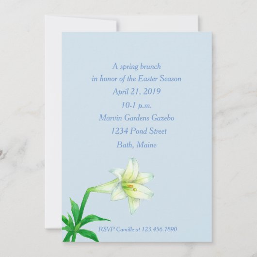 Pasen Uitnodiging Brunch Tea Lily Flowers Blue (Achterkant)
