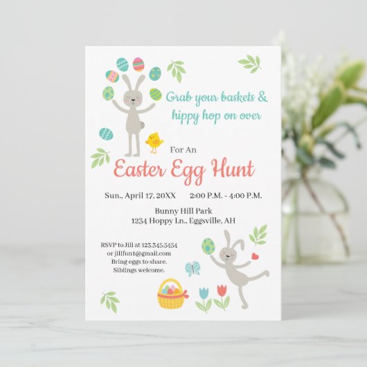 Pasen Uitnodiging Huppend Konijn en Eierzoektocht (Staand voorkant)