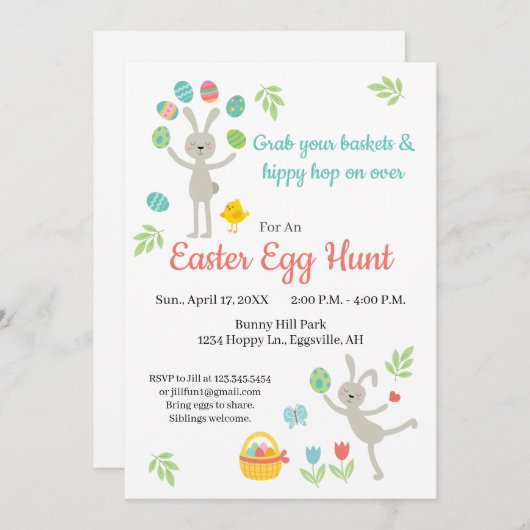 Pasen Uitnodiging Huppend Konijn en Eierzoektocht (Voorkant / Achterkant)