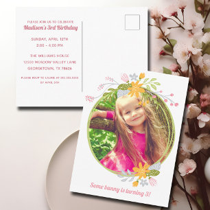 Pasen Verjaardagsfeestje Meisje Foto Roze Uitnodig Briefkaart