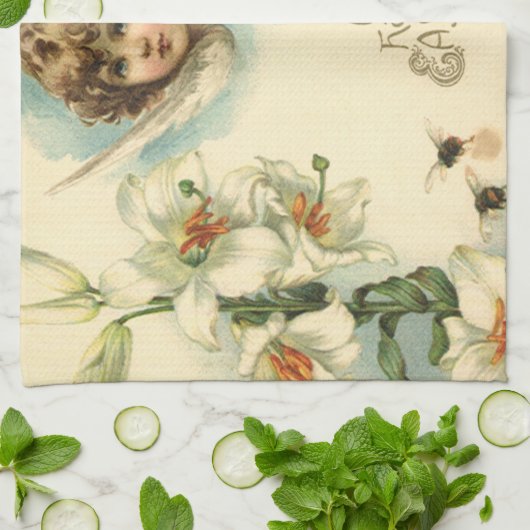  Pasen, Victoriaans Lily Flowers en Angel Theedoek (Gevouwen)